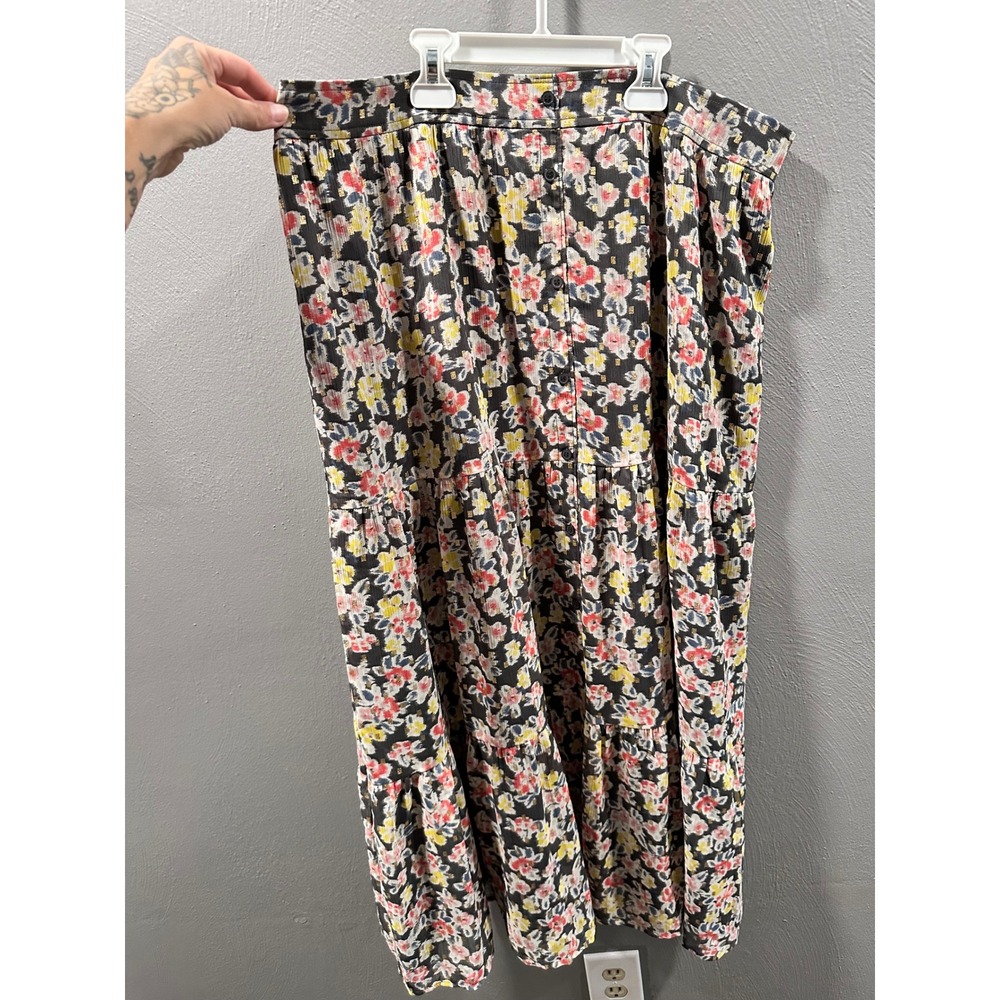 LOFT Floral Tiered Midi Skirt XL Black Pink Yellow Gold Metallic Button Front